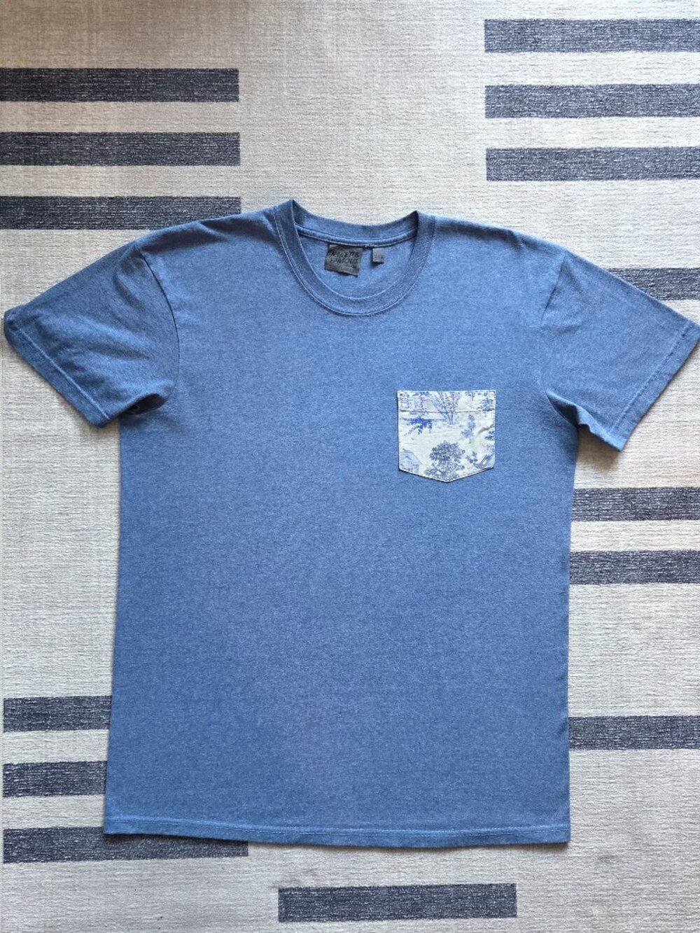 Naked & Famous Pocket Tee, Heather Blue with Linen Cats